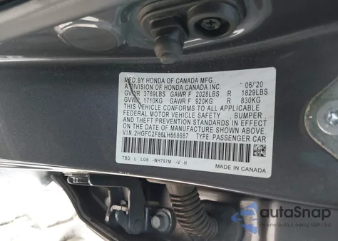 2020 Honda Civic Sport из США, поврежденный, VIN 2HGFC2F86LH558687